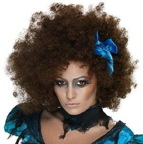 Once Upon a Nightmare Killerella Brown Afro Wig with Blue Ribbon Bow by HalloweenStore.com