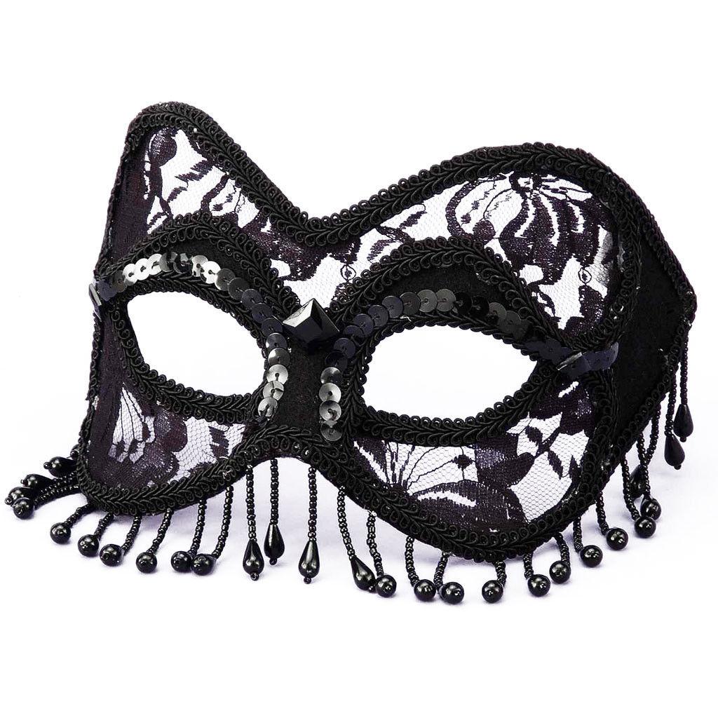 Venetian Style Black Masquerade Lace Half Mask with Sequins and Beads 58653 by HalloweenStore.com