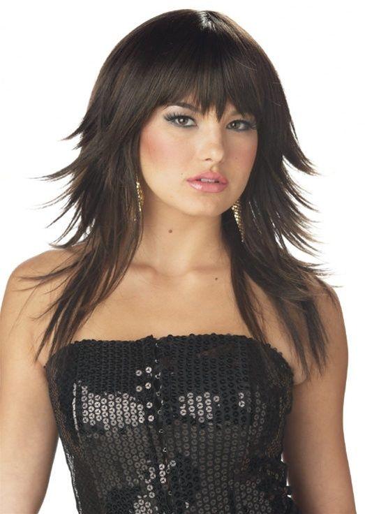 Dark Brown Feathered and Flirty Long Wig with Bangs by HalloweenStore.com