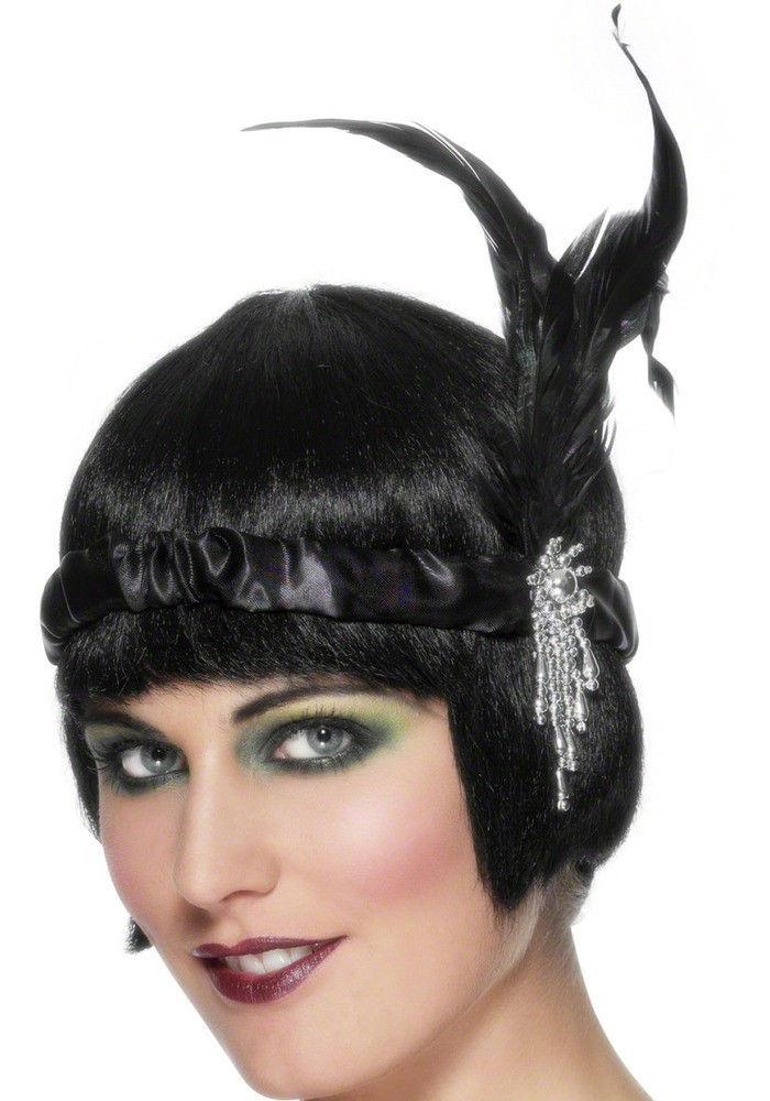 Black Satin Charleston Flapper Headband with Feather and Jewel by HalloweenStore.com