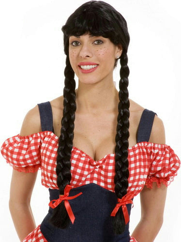 Farm Girl Adult Costume Long Black Wig with Braids by HalloweenStore.com