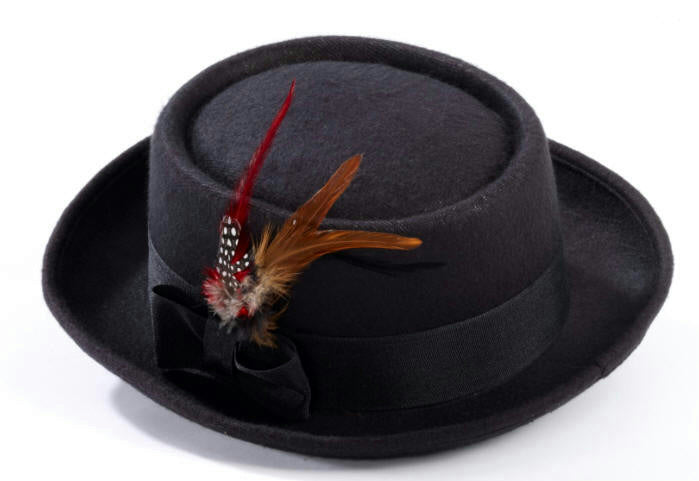 Black Pork Pie Costume Hat with Feather by HalloweenStore.com