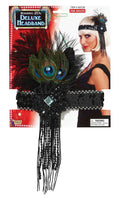 Deluxe Black Flapper Headband with Peacock Feather Costume Accessory by HalloweenStore.com