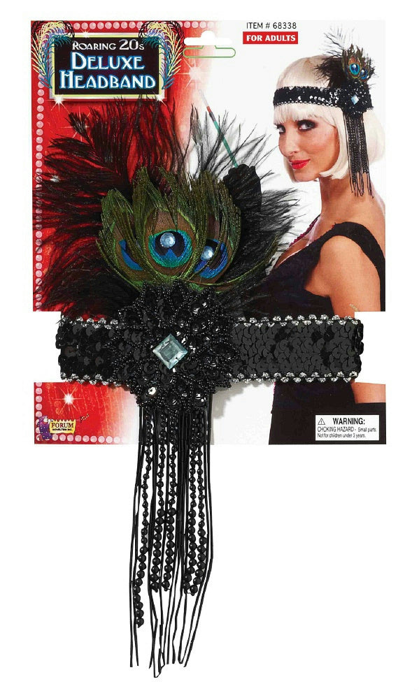 Deluxe Black Flapper Headband with Peacock Feather Costume Accessory by HalloweenStore.com
