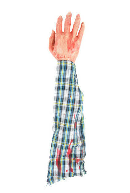 Bloody Hand and Arm with Plaid Shirt Hang out of Trunk Halloween Gag Prop by HalloweenStore.com