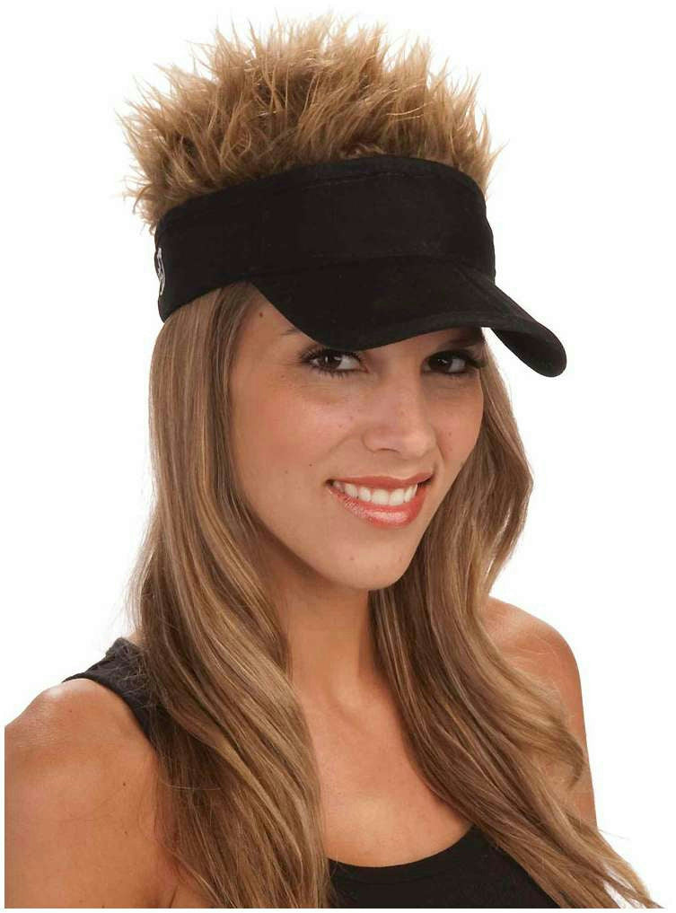 Black Foldable Visor Hat with 3 Spiky Removeable Hairpieces Blonde Brown Gray by HalloweenStore.com