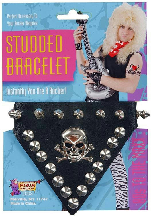 80's Skull Silver Studded Black Rocker Punk Bracelet by HalloweenStore.com