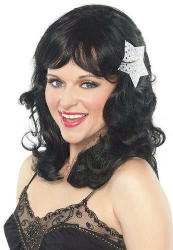 Black California Pin Up Girl Long Wavy Adult Wig with Star Accessory and Bangs by HalloweenStore.com