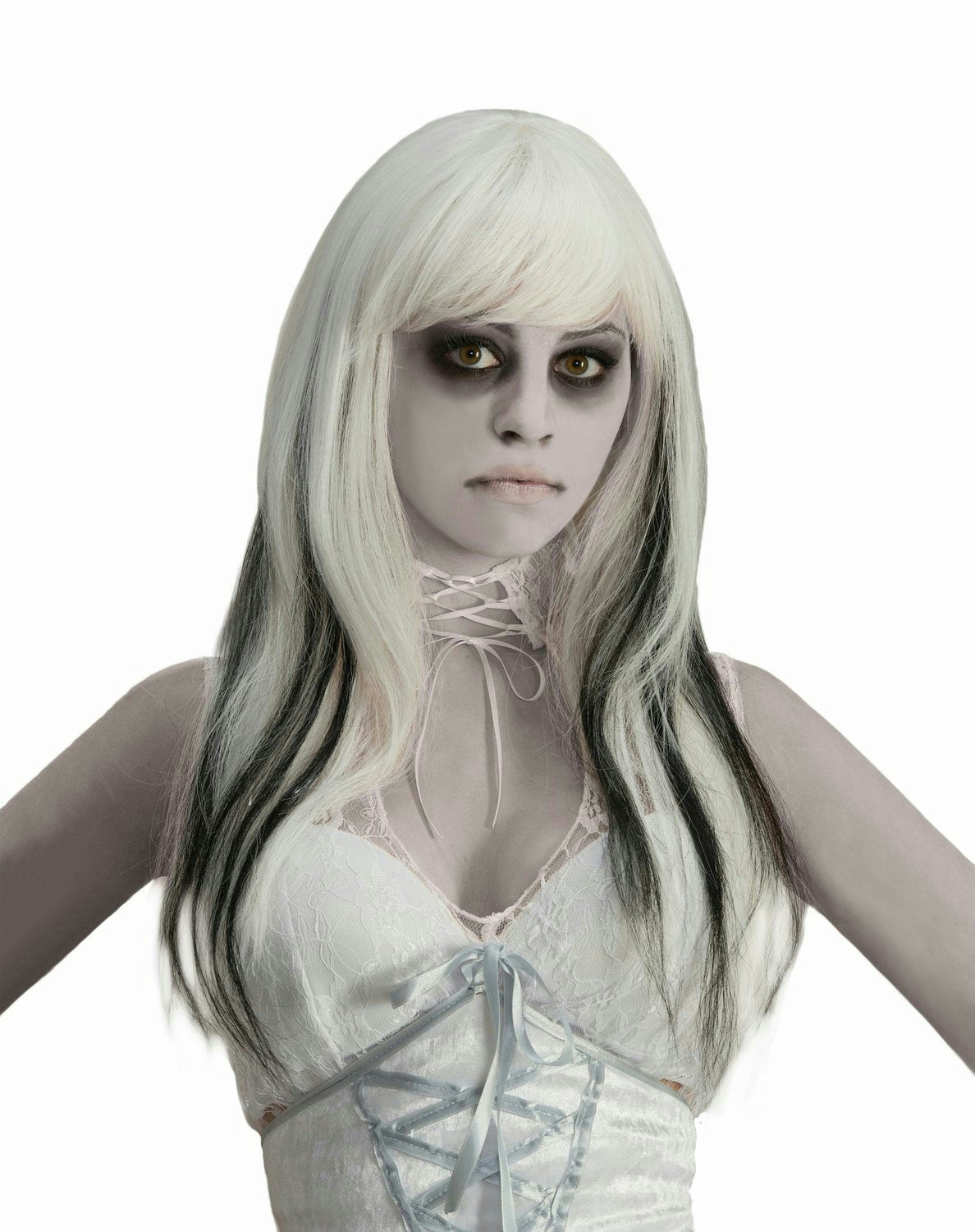 Phantom Ghost Wig Long White and Black Ghost Wig with Bangs by HalloweenStore.com