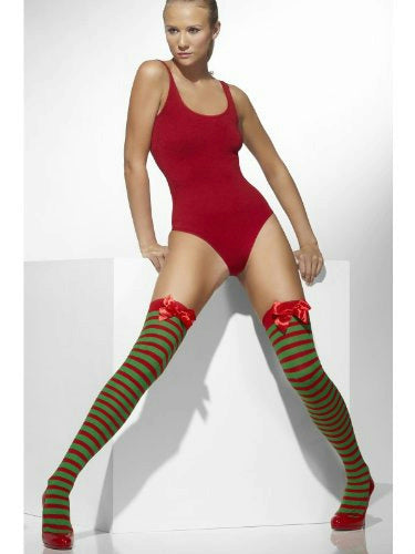 Red & Green Opaque Striped Thigh Highs Hold-ups with Bow by HalloweenStore.com