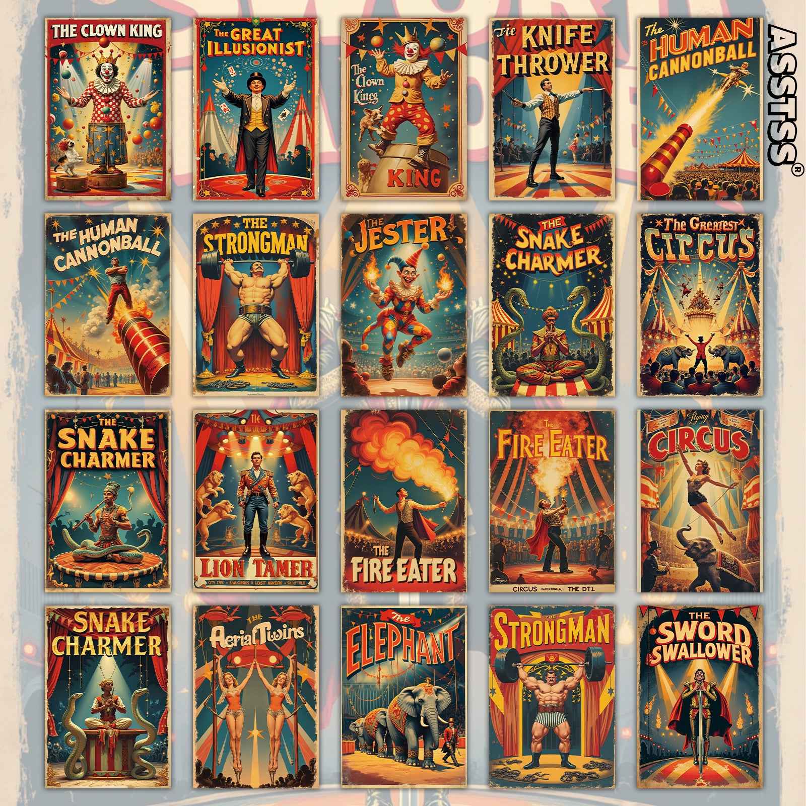 ASSTSS Vintage Clown Circus Poster Cards, 20 pcs Pack, Retro Clown Faces Strongman & Circus Acts, Collectible Pinup Cards, Suitable for Scrapbooking Junk Journals Retro Decor, Gift for Crafters & Circus Fans
