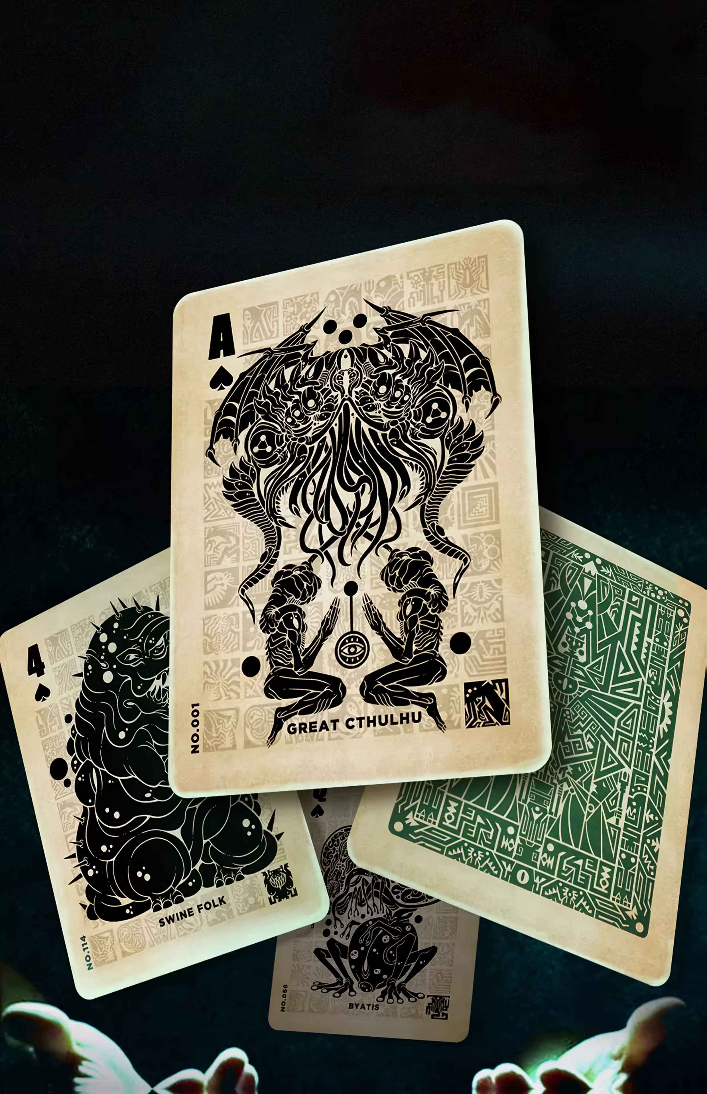 Cthulhu Mythos Series Playing Cards, 54 Cards with Unique Illustrated Designs, Black Core Paper Material, International Standard Size, Double-sided Embossed Anti-slip Finish, Each Card Has an Individual Number. Suitable for Party Entertainment