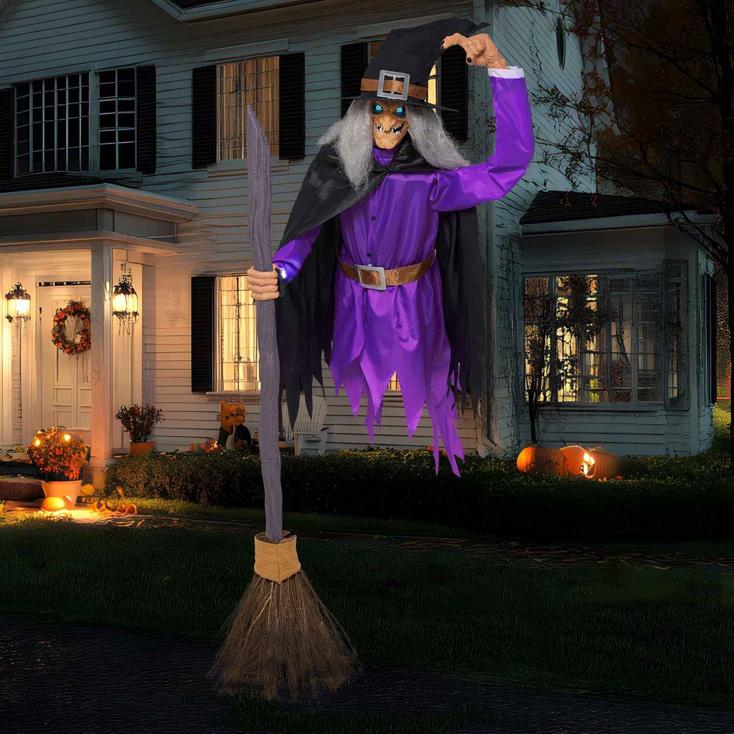8FT Halloween Animated Flying Witch Outdoor Decoration with a Broom, Featuring Light-Up Eyes And a Creepy Voice, Perfect for Haunted House Displays in Your Yard