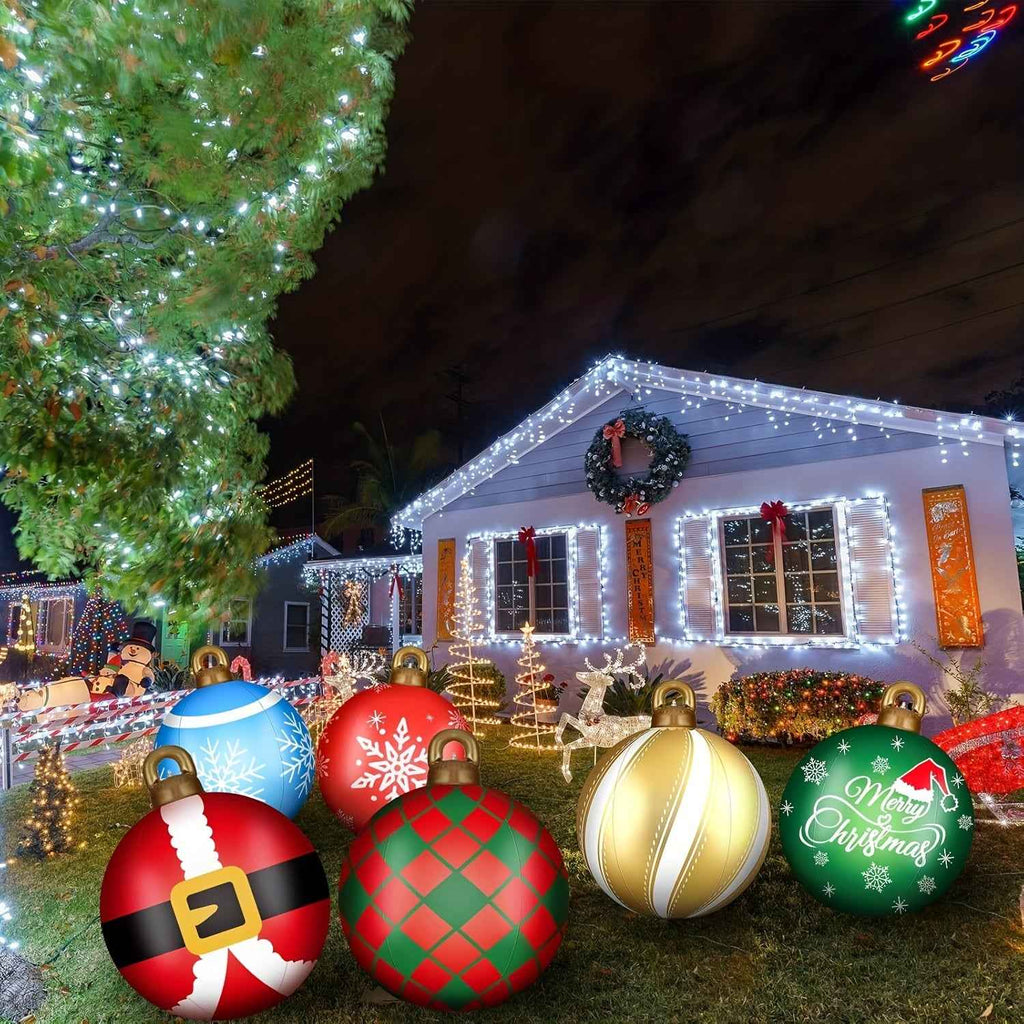 Set of 6 Inflatable Outdoor Christmas Decorations Featuring 32-Inch Enormous PVC Balls with Adorable Designs for Holiday Yard Displays