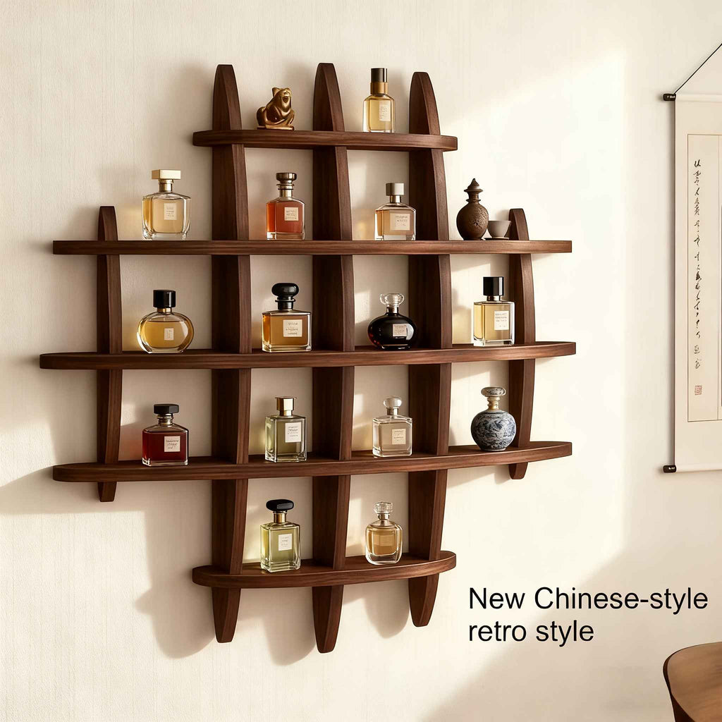 Retro multi-functional solid wood storage rack, multi-slot wall-mounted cup holder, suitable for living rooms, offices, kitchens and wall decoration racks, as well as perfume storage. It features a traditional design style and is sturdy and durable