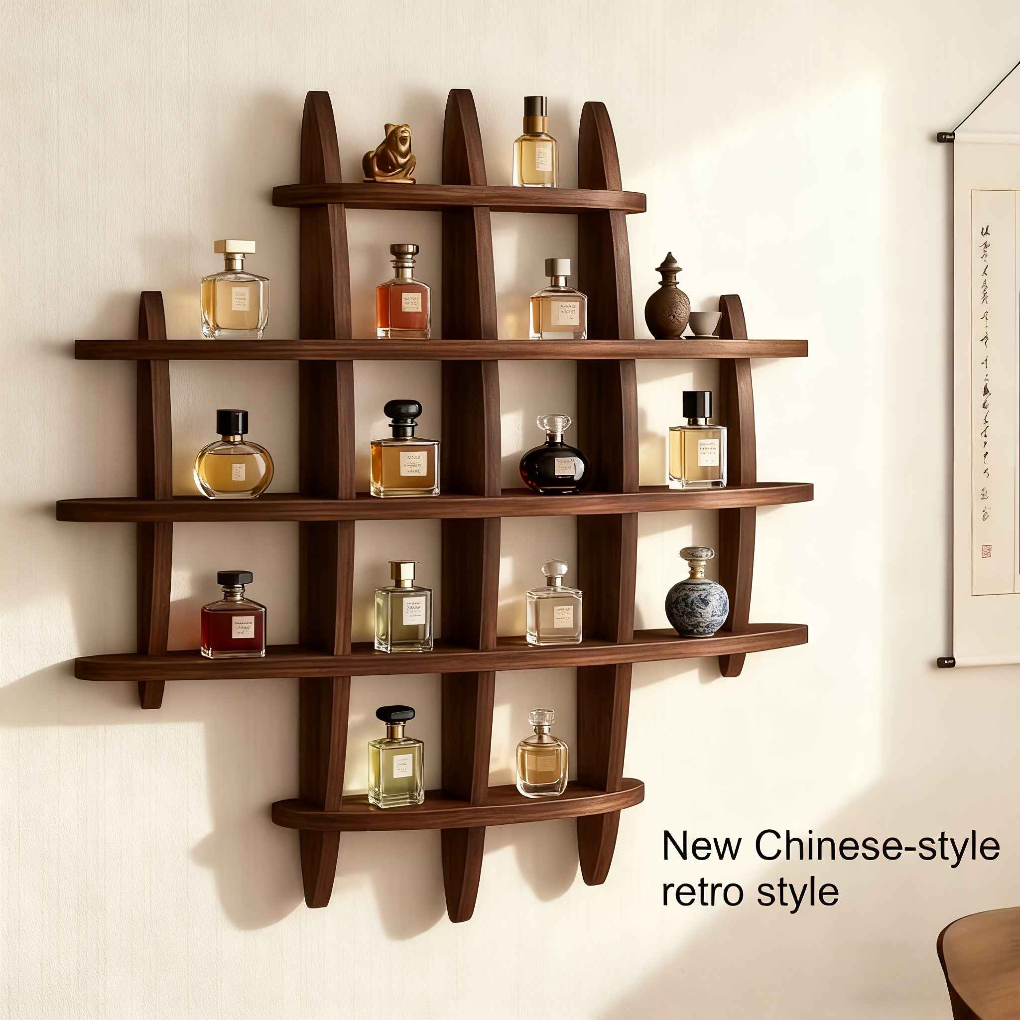 Retro multi-functional solid wood storage rack, multi-slot wall-mounted cup holder, suitable for living rooms, offices, kitchens and wall decoration racks, as well as perfume storage. It features a traditional design style and is sturdy and durable