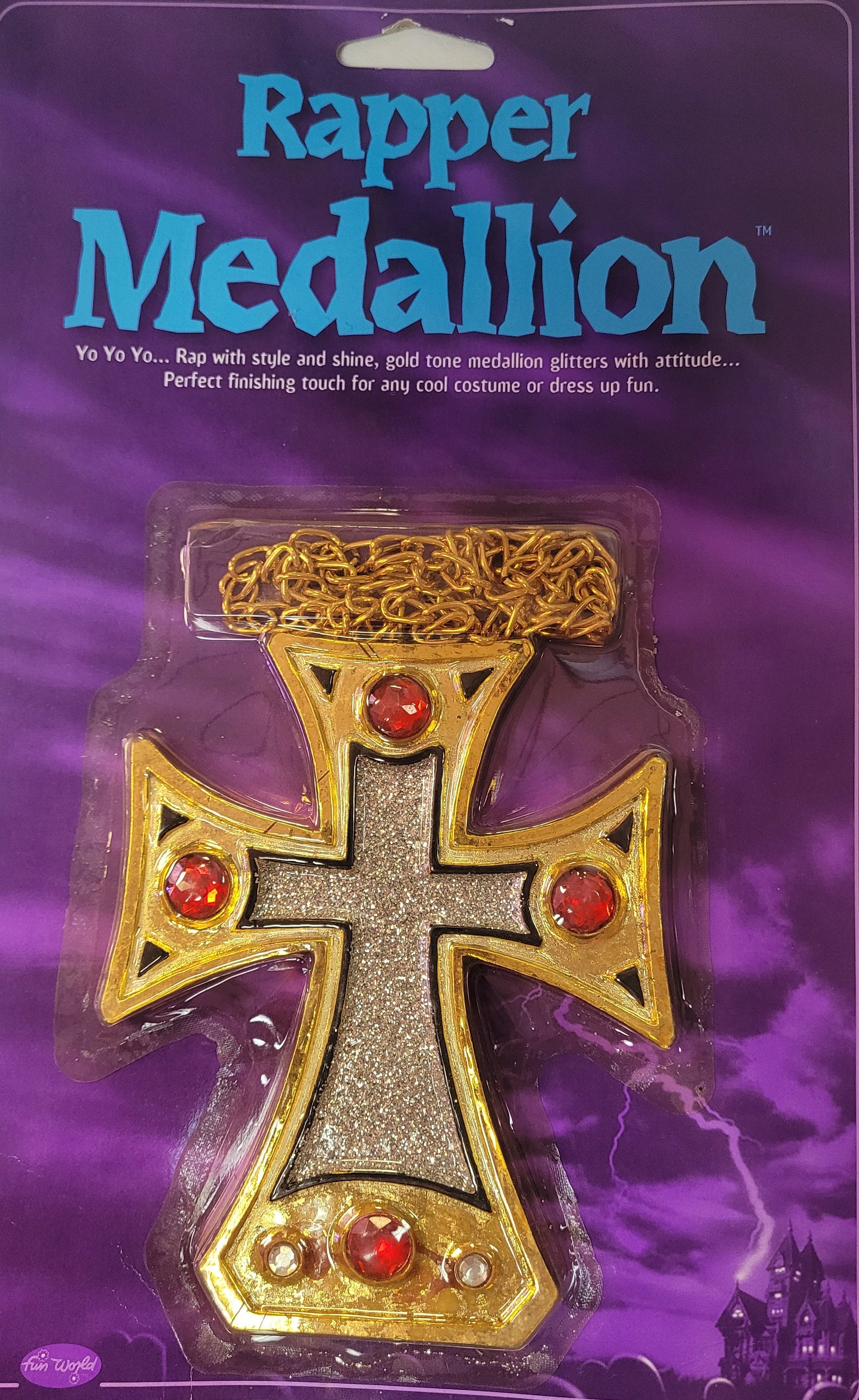 Gold Cross Rapper Medallion Red Gems by HalloweenStore.com