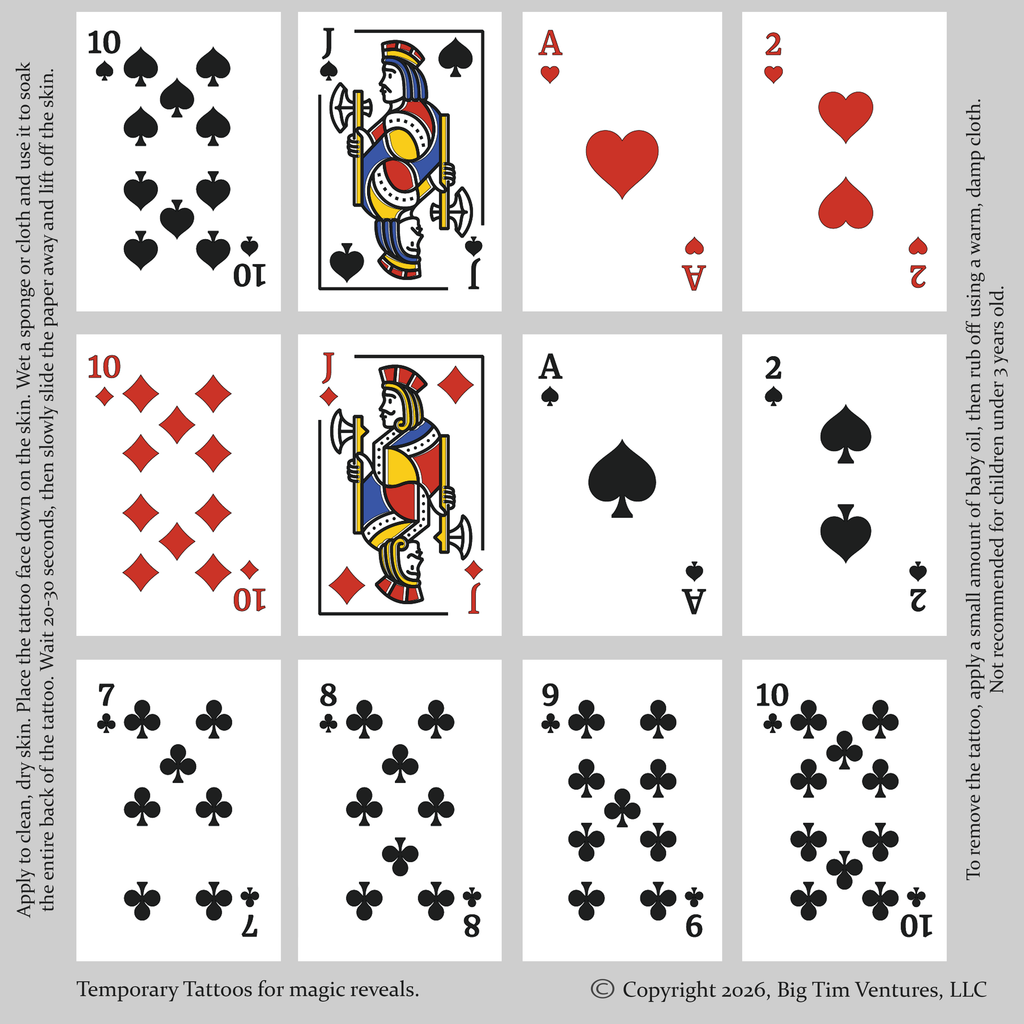 Playing Cards Temporary Tattoos — Poker Card Flash Tattoos Sheet