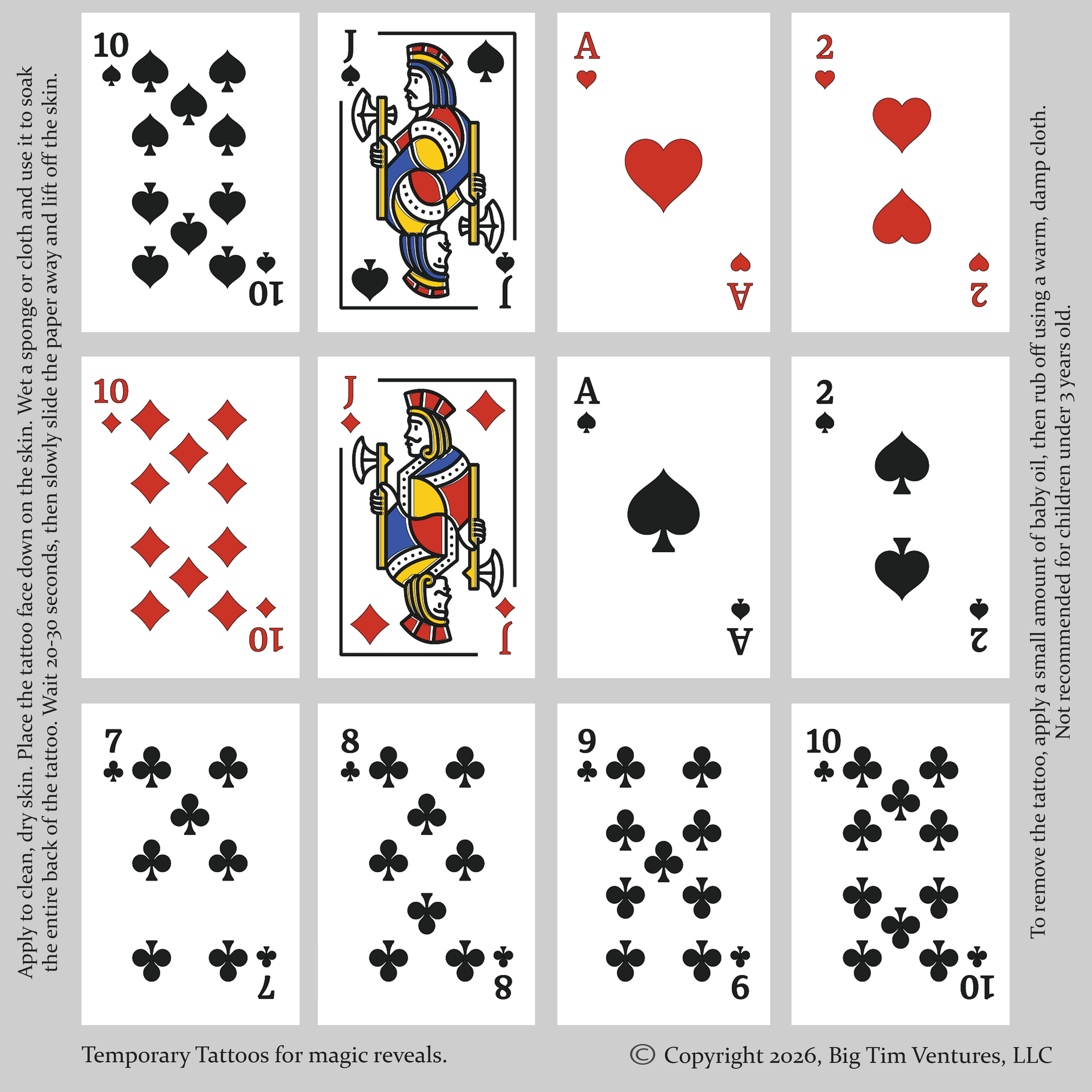 Playing Cards Temporary Tattoos — Poker Card Flash Tattoos Sheet