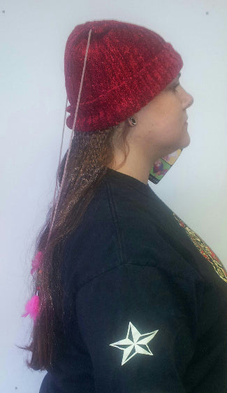 Women's Knit Beanie Cap with Attached Hair Mixed Braids with Beads and Feathers by HalloweenStore.com