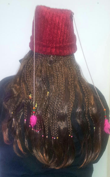 Women's Knit Beanie Cap with Attached Hair Mixed Braids with Beads and Feathers by HalloweenStore.com