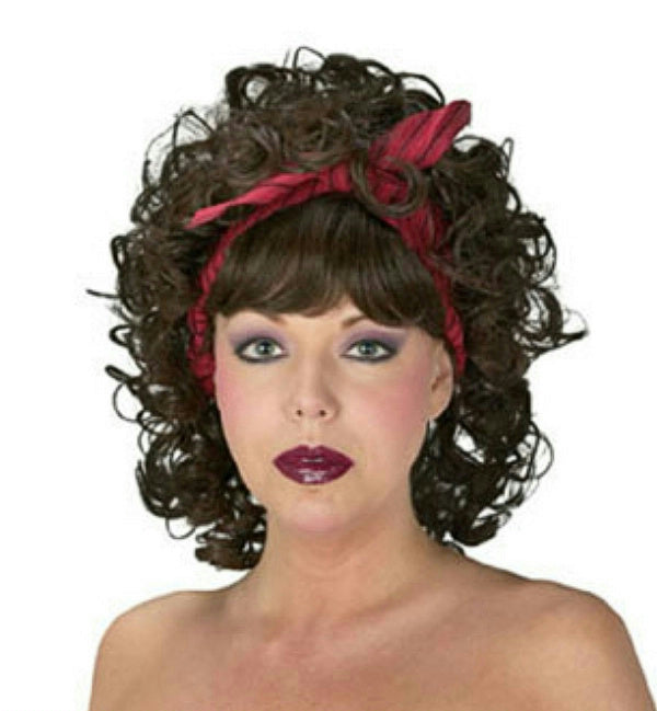 Sexy Ladies Pirate Bar Wench Curly Brown Wig with Bangs and Hair Bandana Tie by HalloweenStore.com