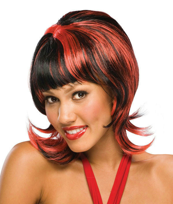 Red and Black Oo La La Shoulder Length Shag Wig with Bangs by HalloweenStore.com