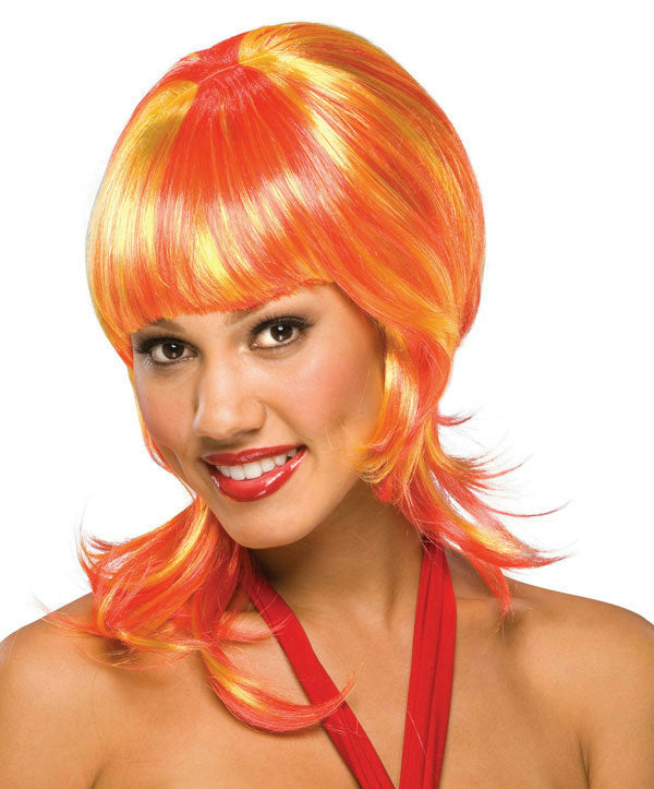 Orange and Yellow Oo La La Shoulder Length Shag Wig with Bangs by HalloweenStore.com