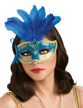 Blue Teal and Gold Venetian Carnival Eyemask Mask with Feathers by HalloweenStore.com