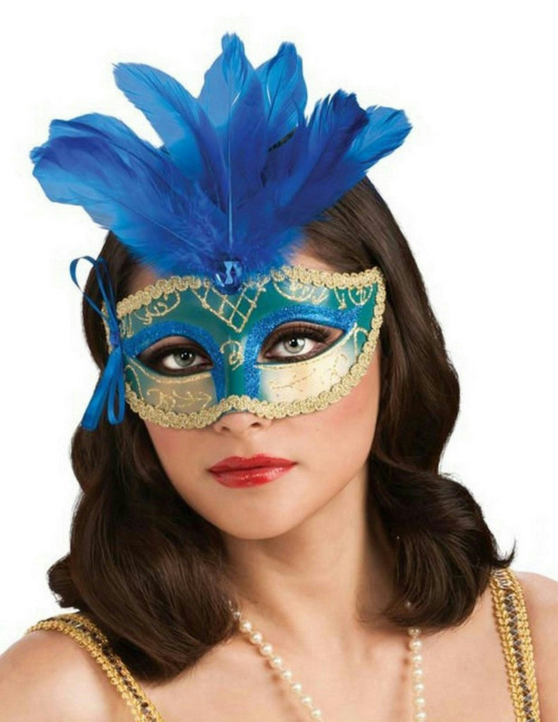Blue Teal and Gold Venetian Carnival Eyemask Mask with Feathers by HalloweenStore.com