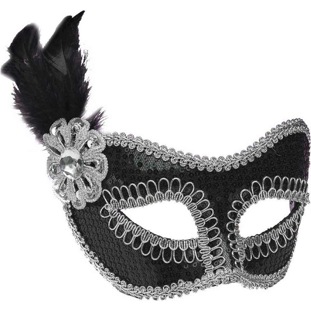 Black Sequin Masquerade Venetian Mardi Gras Half Face Eye Mask by HalloweenStore.com