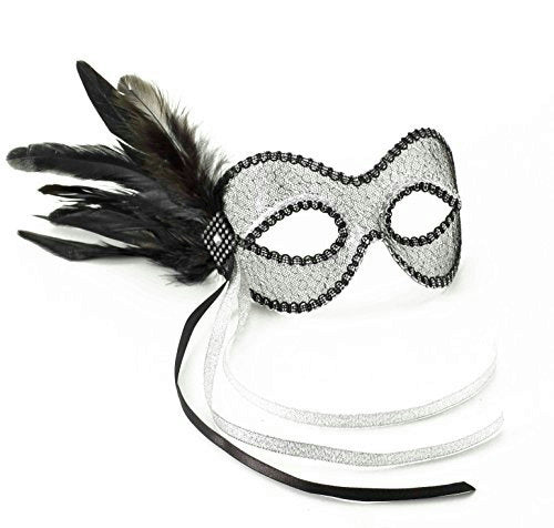 Black and Silver Lace Feather Venetian Eye Mask by HalloweenStore.com