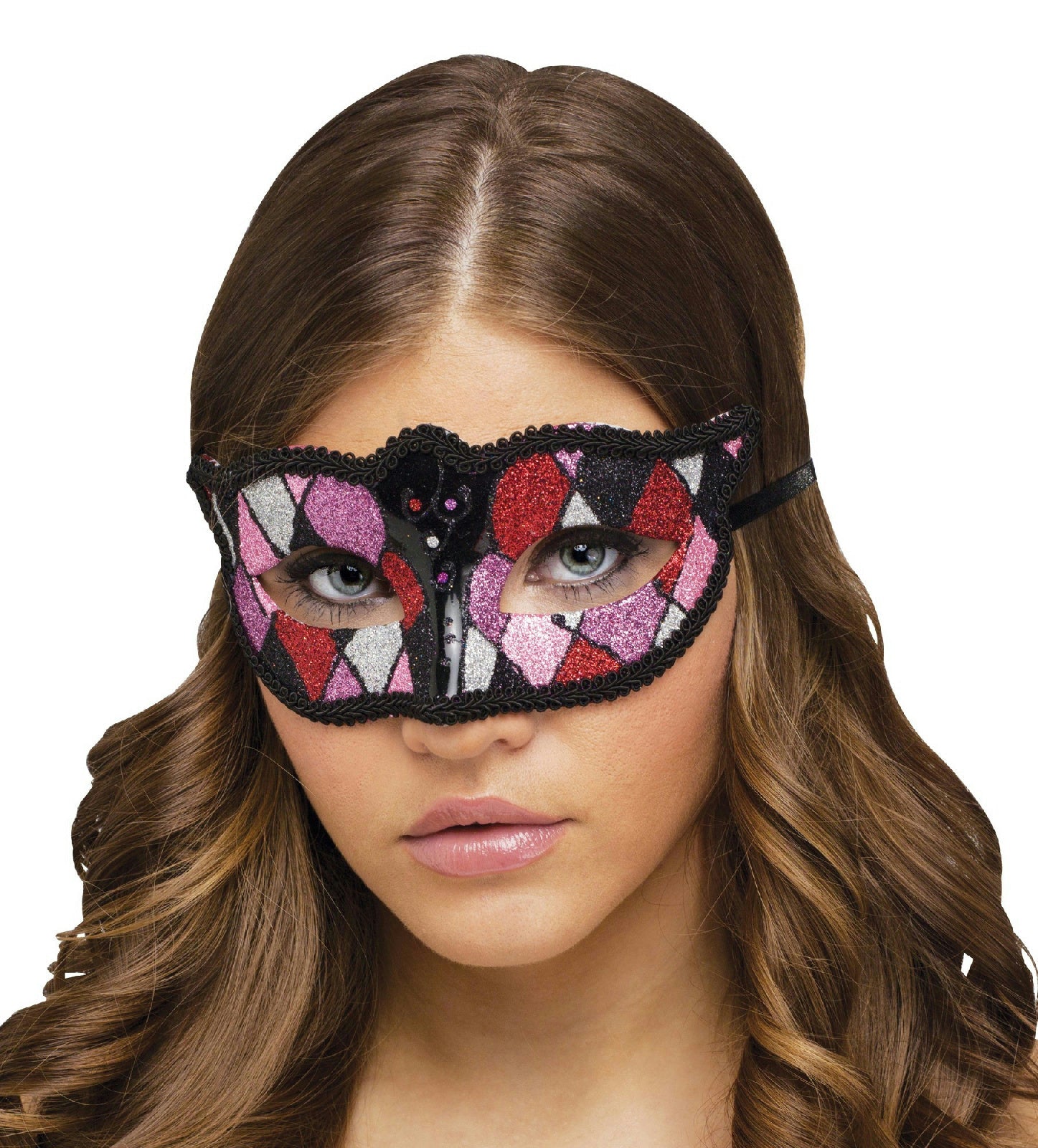 Shimmering Glitter Harlequin Black Pink Purple Diamond Shape Mardi Gras Eye Mask by HalloweenStore.com