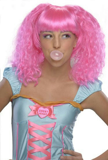 Pink Bubble Gum Doll Style Crimped Wig with Bangs by HalloweenStore.com