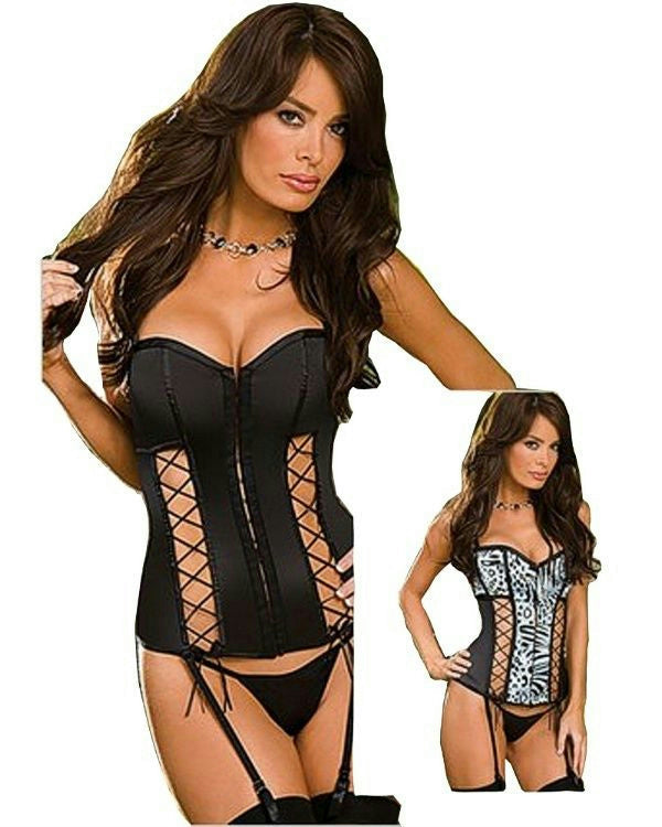 Fully Reversible Black or Blue Leopard Satin Corset Sexy Lingerie Set Size 36 by HalloweenStore.com