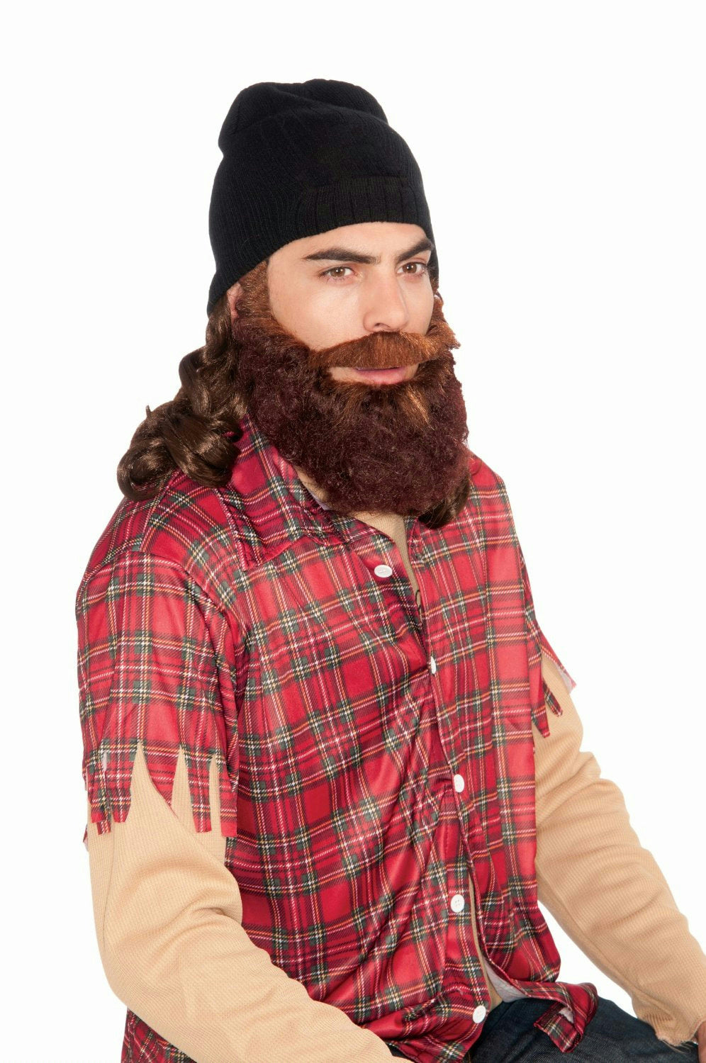 Duck Hunter Man Black Skull Cap with Attached Brown Wig and Beard by HalloweenStore.com