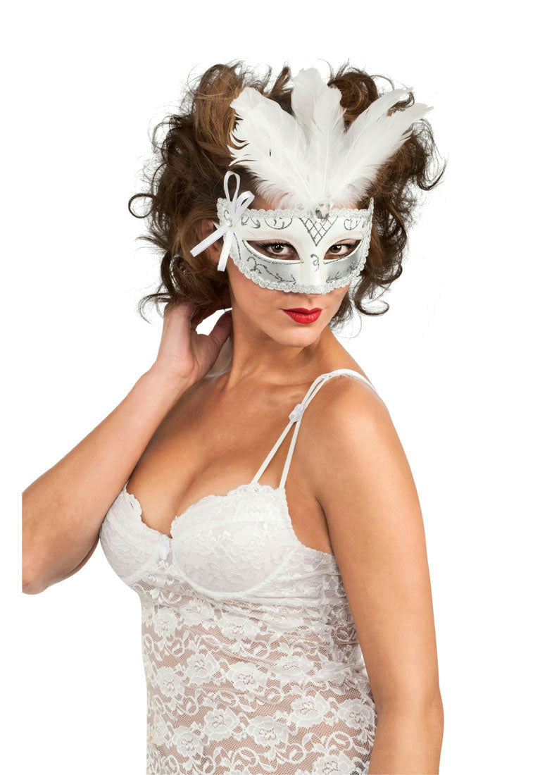 Black White Silver Feather Venetian Carnival Eyemask by HalloweenStore.com