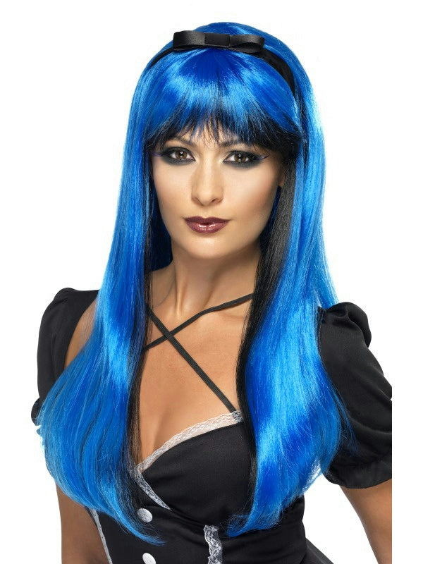 Bewitching Electric Blue Over Black Two Tone Womens Costume Wig with Headband by HalloweenStore.com