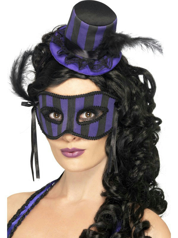 Women's Grotesque Purple and Black Striped Burlesque Hat and Eyemask Set by HalloweenStore.com