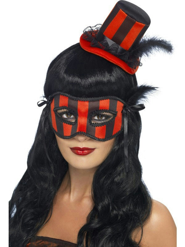 Women's Grotesque Red and Black Striped Burlesque Hat and Eyemask Set by HalloweenStore.com