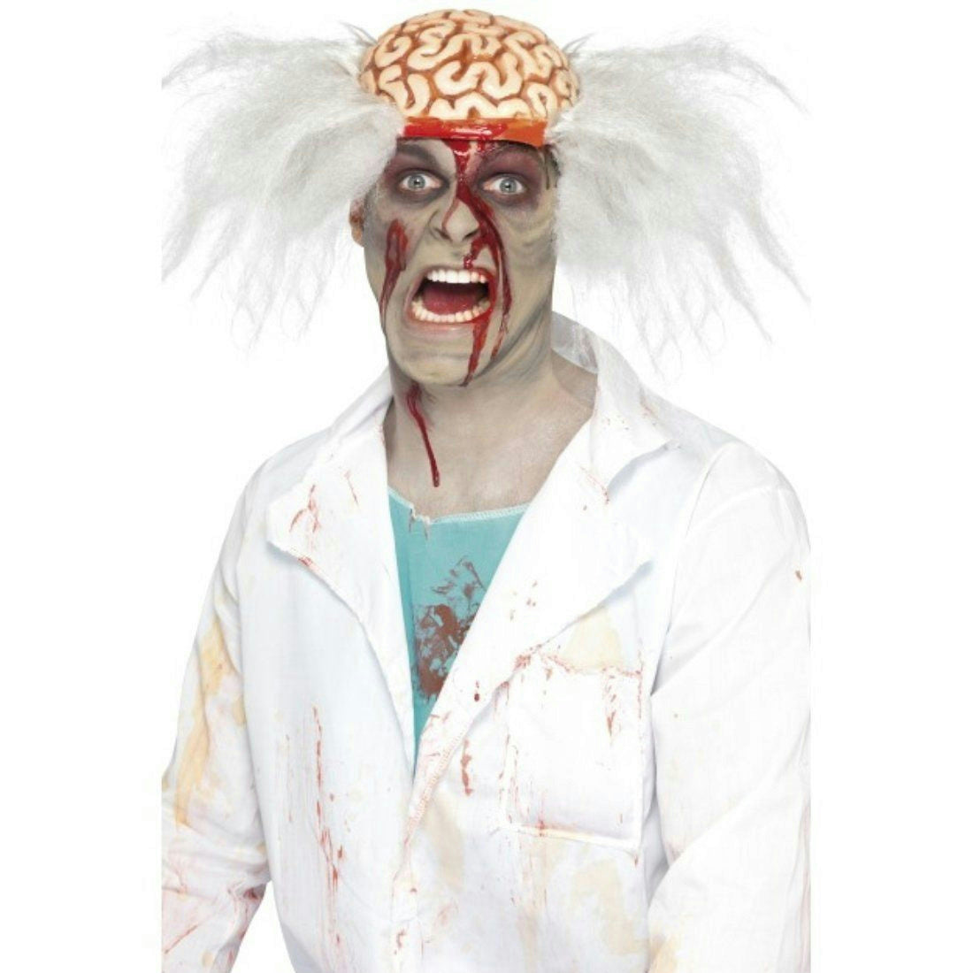 Men's Scalped Mad Scientist White Wig with Exposed Bloody Brain by HalloweenStore.com