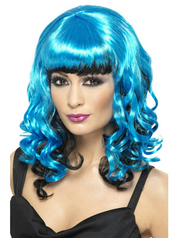 Women's Blue and Black Tainted Garden Stricken Angel Shoulder Length Curly Wig by HalloweenStore.com