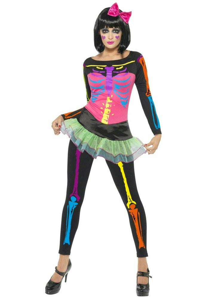 Neon Skeleton with Skirt Adult Costume Size LG 12-14 by HalloweenStore.com