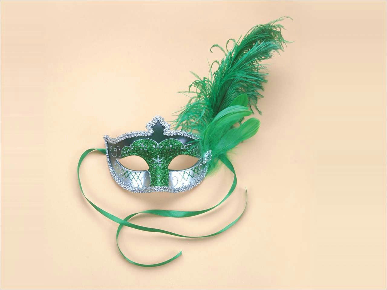 Green Glitter Half Venetian Mask With Feather Great for Mardi Gras by HalloweenStore.com