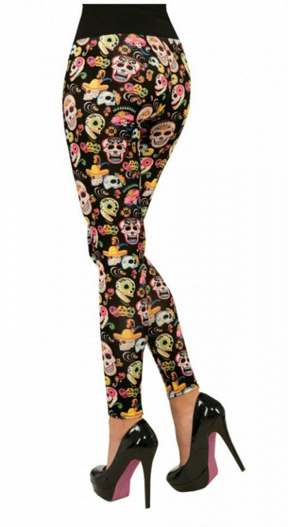 Day Of The Dead Leggings with Colorful Sugar Skull Design Print by HalloweenStore.com