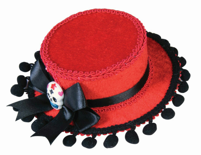 Day of the Dead Red Gaucho Mini Hat with Pom Poms by HalloweenStore.com