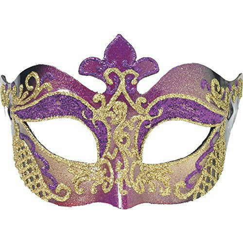 Purple and Gold Glitter Fleur de Lis Venetian Masquerade Mask with Eyeglass Arms by HalloweenStore.com