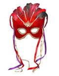 Red Venetian Karneval Mardi Gras Mask with Feathers and Ribbons by HalloweenStore.com