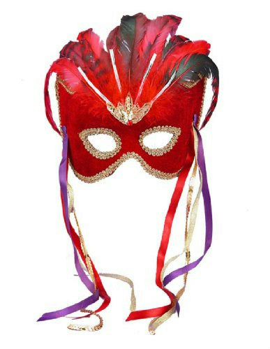 Red Venetian Karneval Mardi Gras Mask with Feathers and Ribbons by HalloweenStore.com