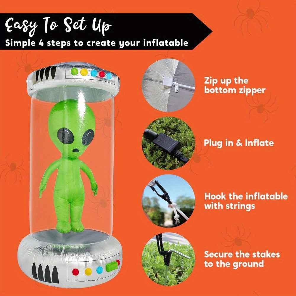 Alien Halloween Inflatable Outdoor Decoration, Alien Inflatable Halloween Decor Outdoor with Animated LEDs, Blow Ups Alien Decorations with Test Tube for Yard Garden Lawn Decor